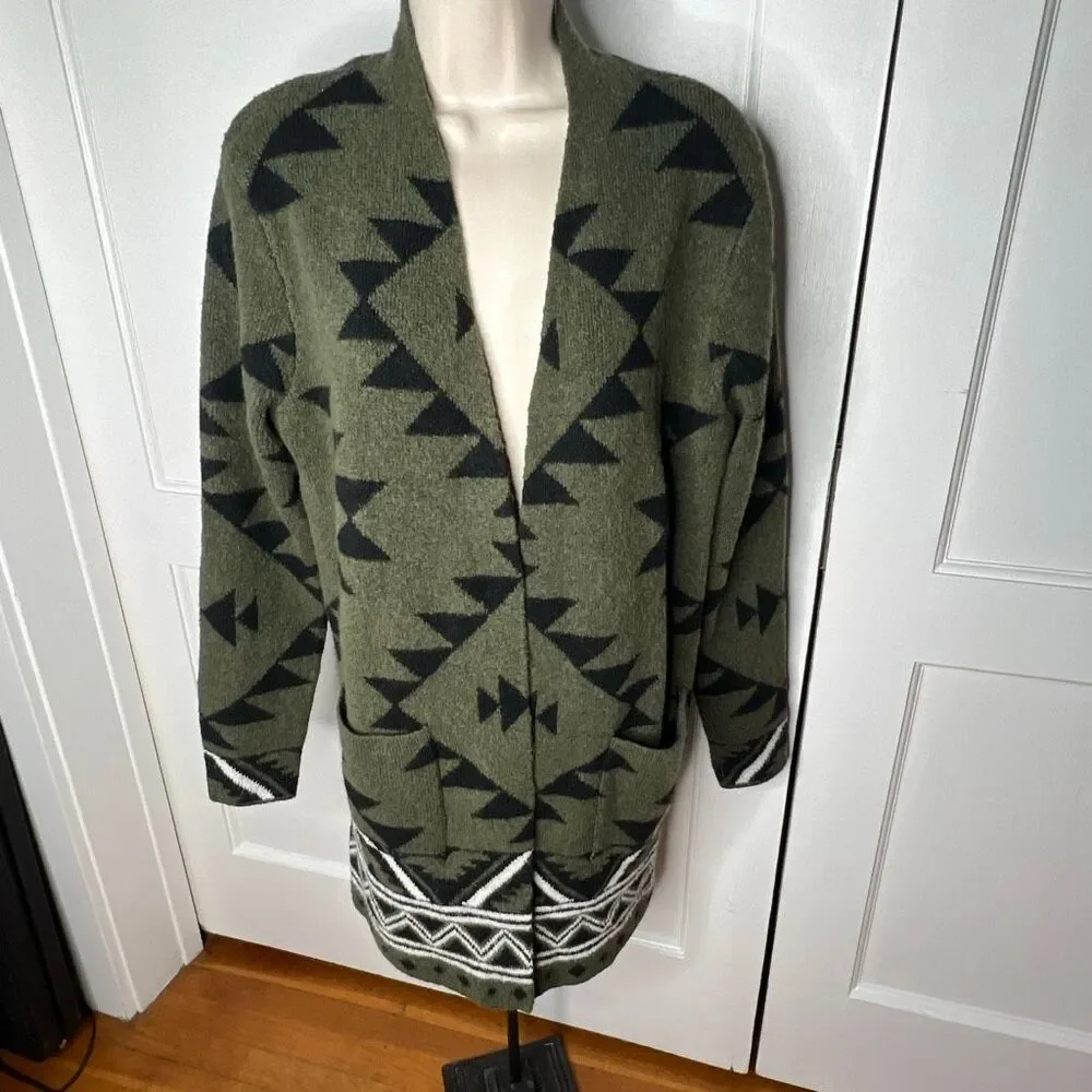 Frye Open Front Long Cardigan Sweater Olive Green Country Western Medium